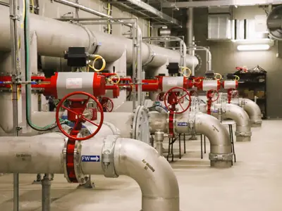 Image of large valves and pipes inside a water treatment plant