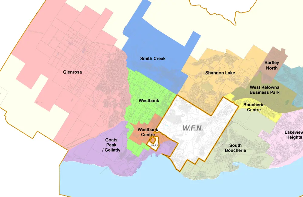 A map with multiple shapes and colours to indicate various neighbourhoods